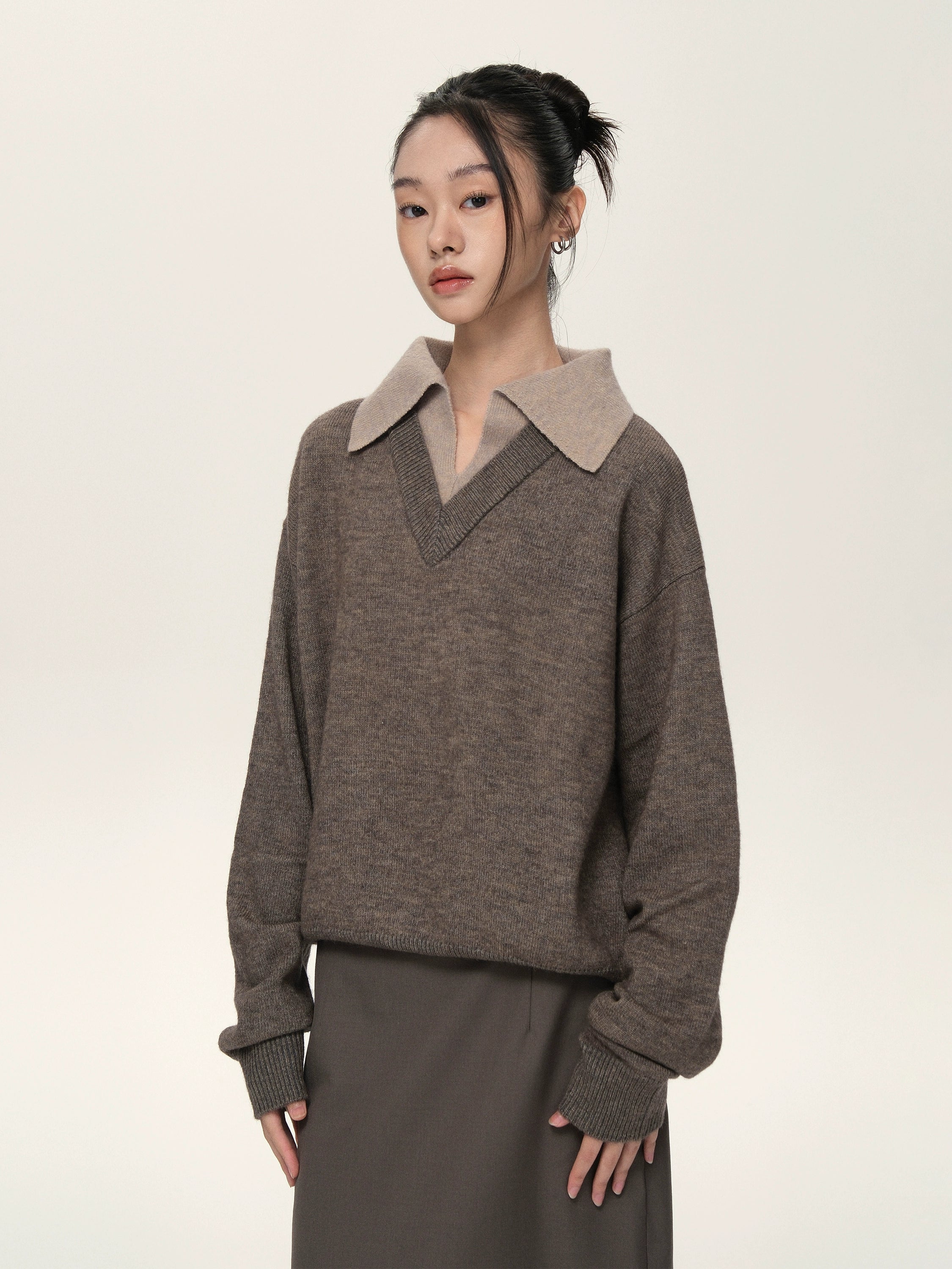 Set for Life V-neck Lapel Color Matching Thin Long-sleeved Sweater