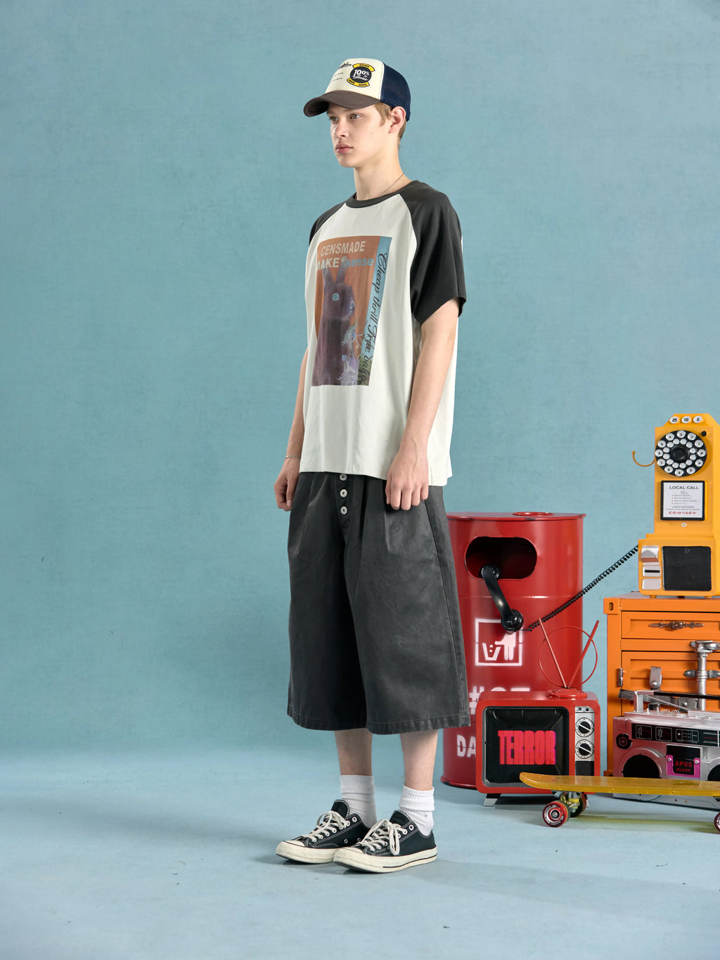 CENSMADE Retro Shoulder Splicing Casual Loose Tee