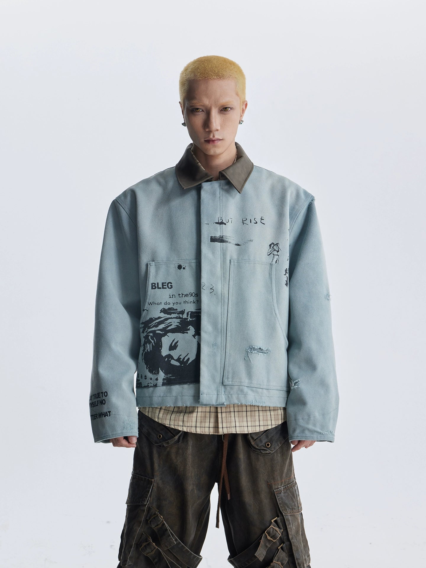 NOMANIAI Vintage Double-sided Print Lapel-neck Leather-neck Zip-up Jacket