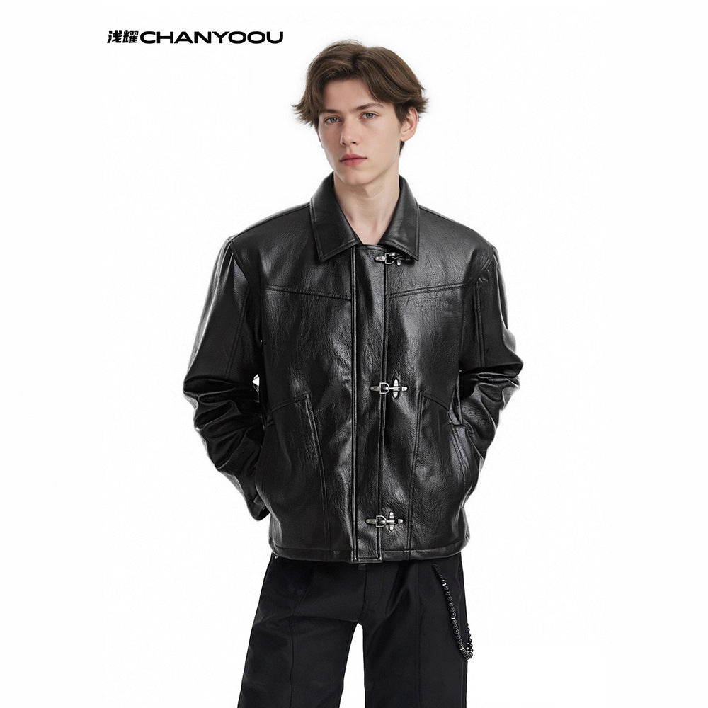 CHANYOOU Retro Short Front Shoulder Leather Jacket