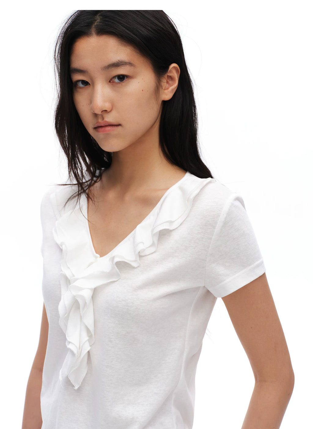 Oinimi Ruffle Edge V Neck Slim and Thin Tee