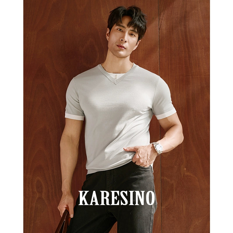 KARESINO Ice Silk Contrasting Color Splicing Knitted Polo Shirt