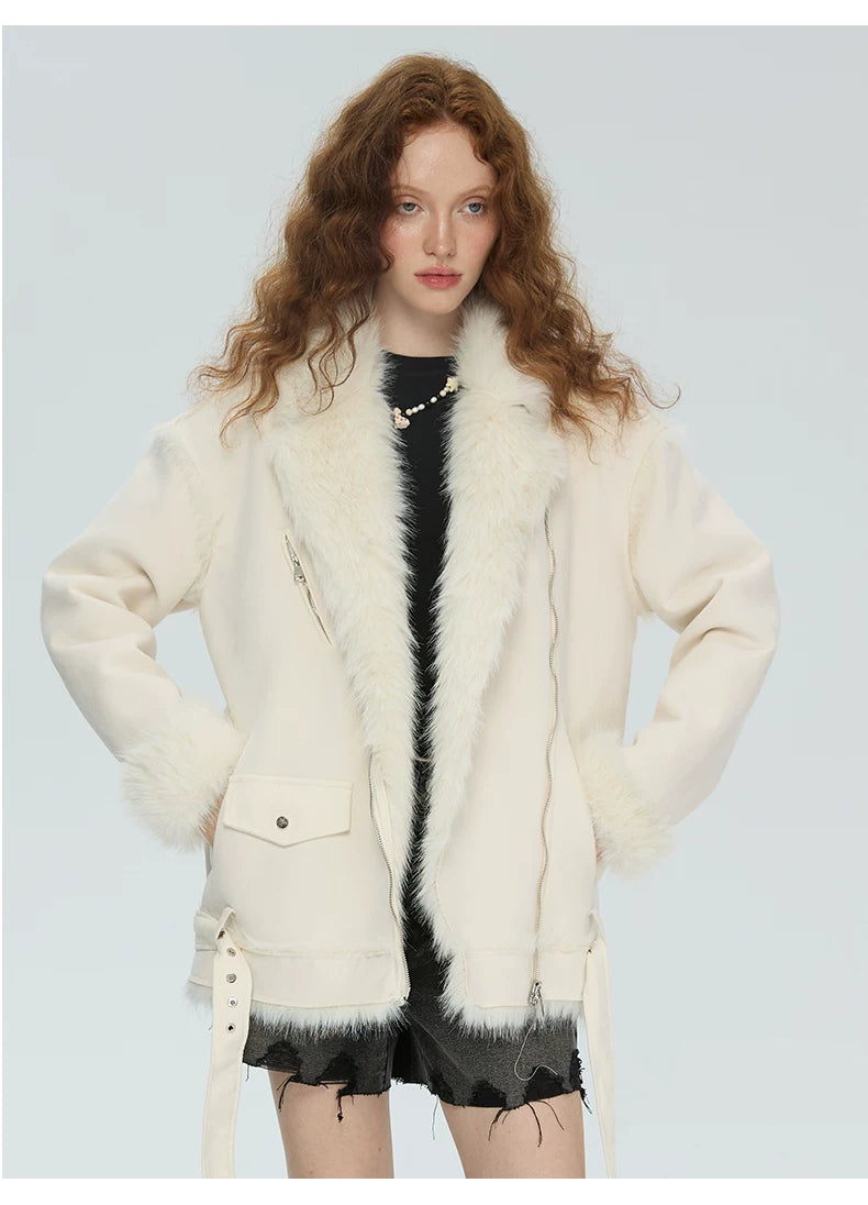 SUREENOUGH Vintage Fur All-in-one Loose Motorcycle Jacket