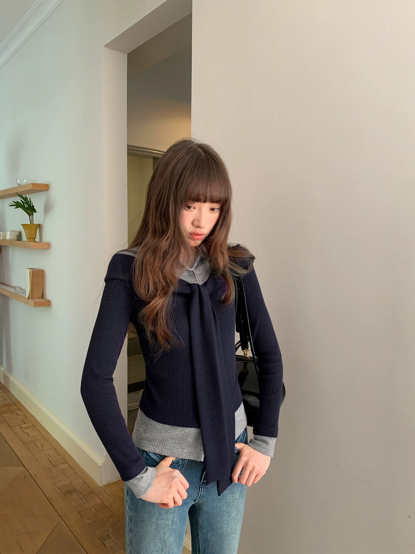 Kano Fake Two-piece Splicing Streamer Collar Knitted Long Sleeve