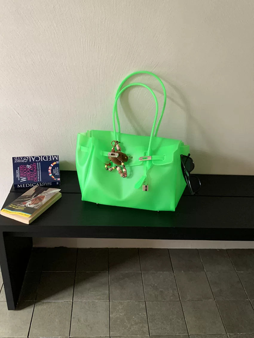 Fat*2 Semi-Transparent Faux Leather Buckle Top-Handle Bag