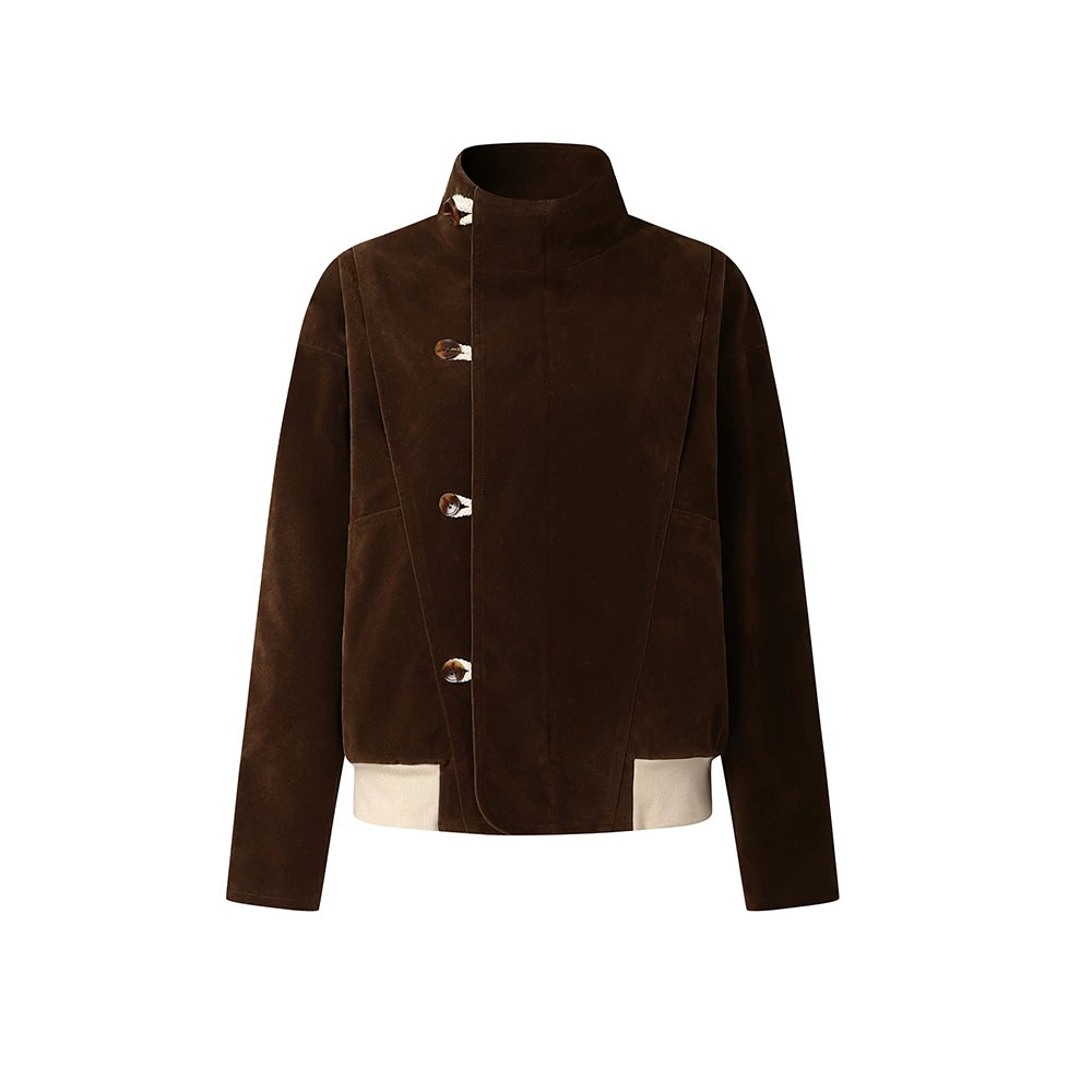 DIMC Suede Button Stand Collar Loose Jacket
