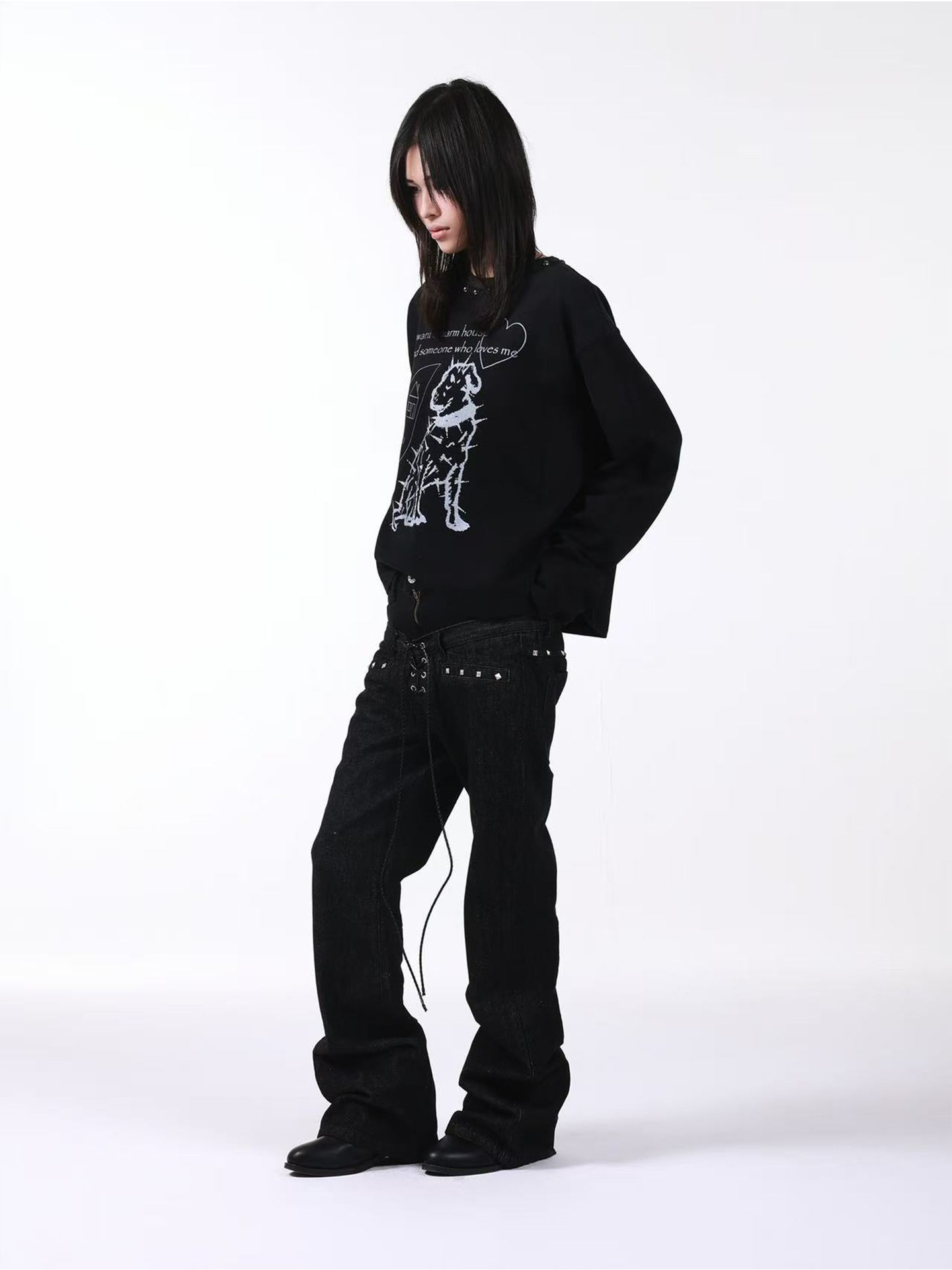 DETW Stacked Double Waist Strap Drawstring Jeans