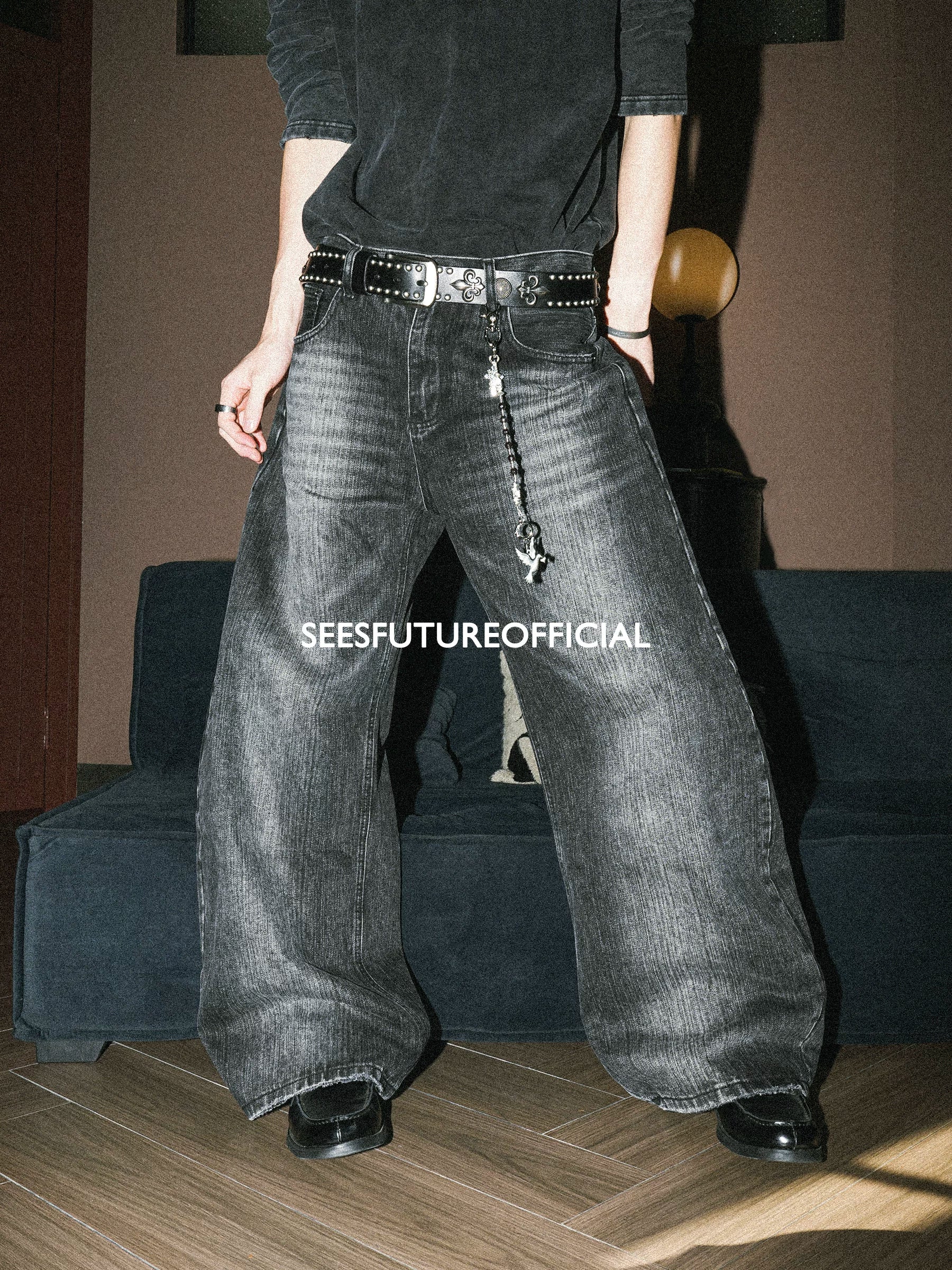 Seesfuture Cat Beard White Loose Wide Leg Jeans