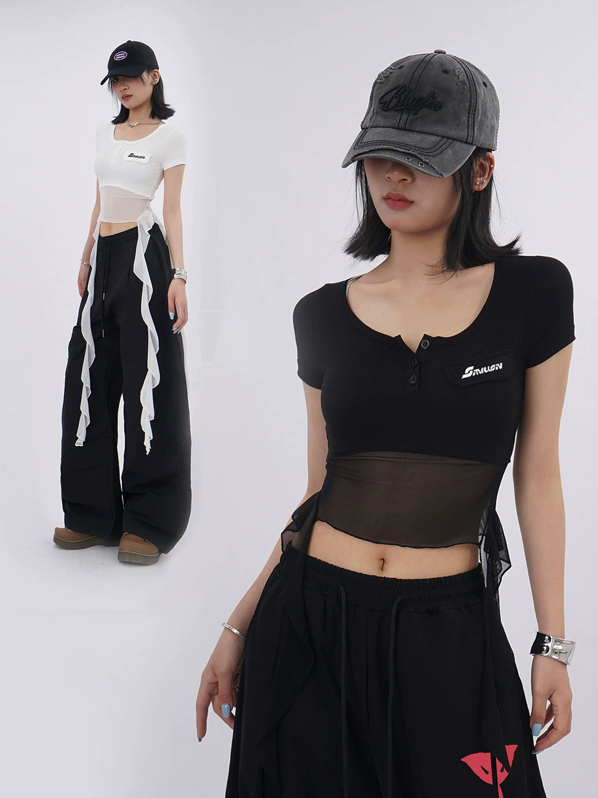 SAMUSAN Mesh Fringed Short Tee