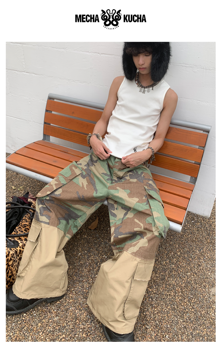 POH Fake Two-layer Frayed Stitching Camouflage Straight Wide-leg Pants