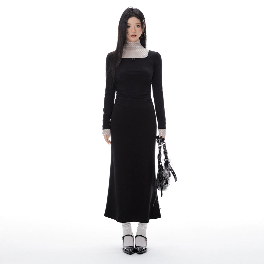 Imone Pleated Waist Mesh Stitching Semi-turtleneck Dress