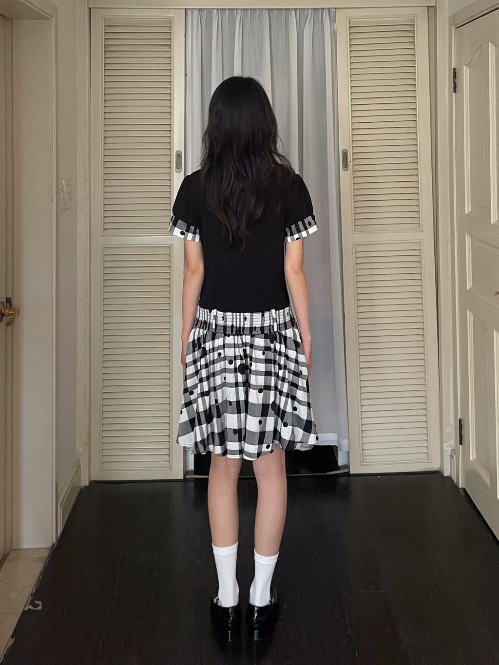 LooseSmell Black & White Checkered Faux Two-Piece Cinched Dress