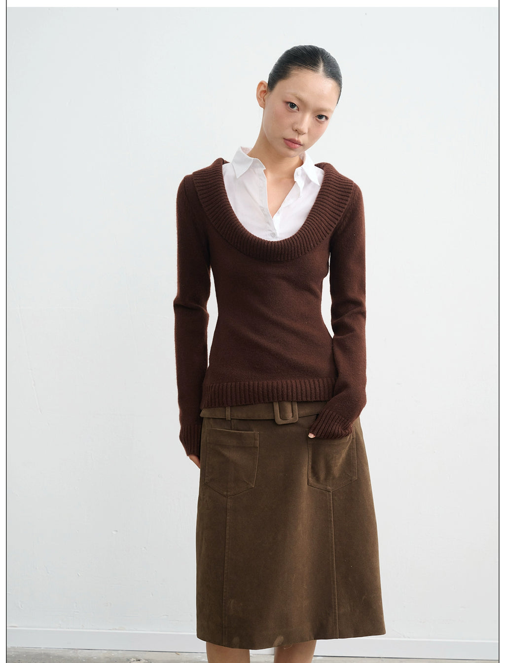 LINY LIBERTY Deep U-neck Fake Two-piece Slim-fit Knitted Sweater (Clearance)