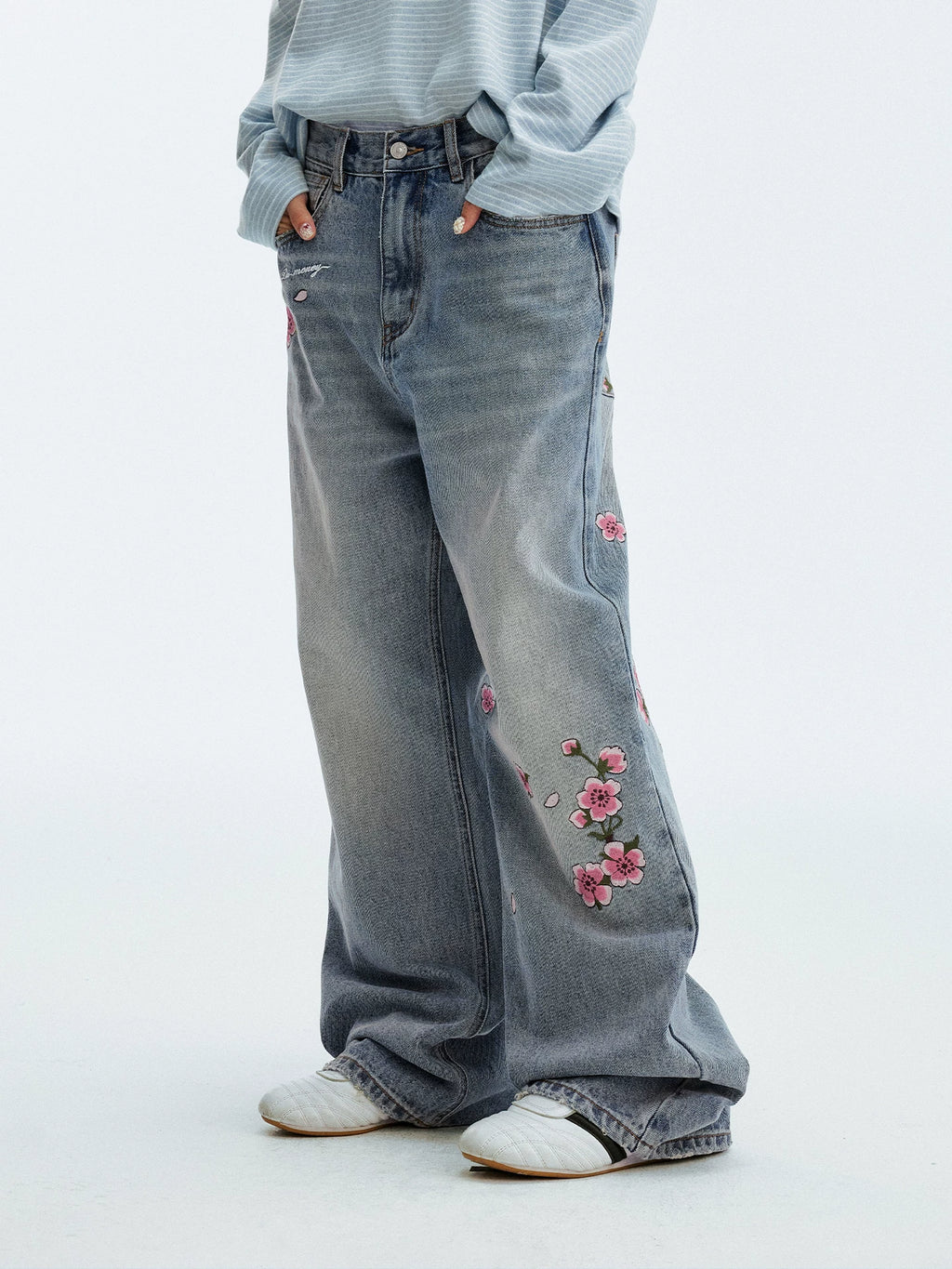 MEDM Sakura Pattern Embroidered Micro-elastic Casual Jeans