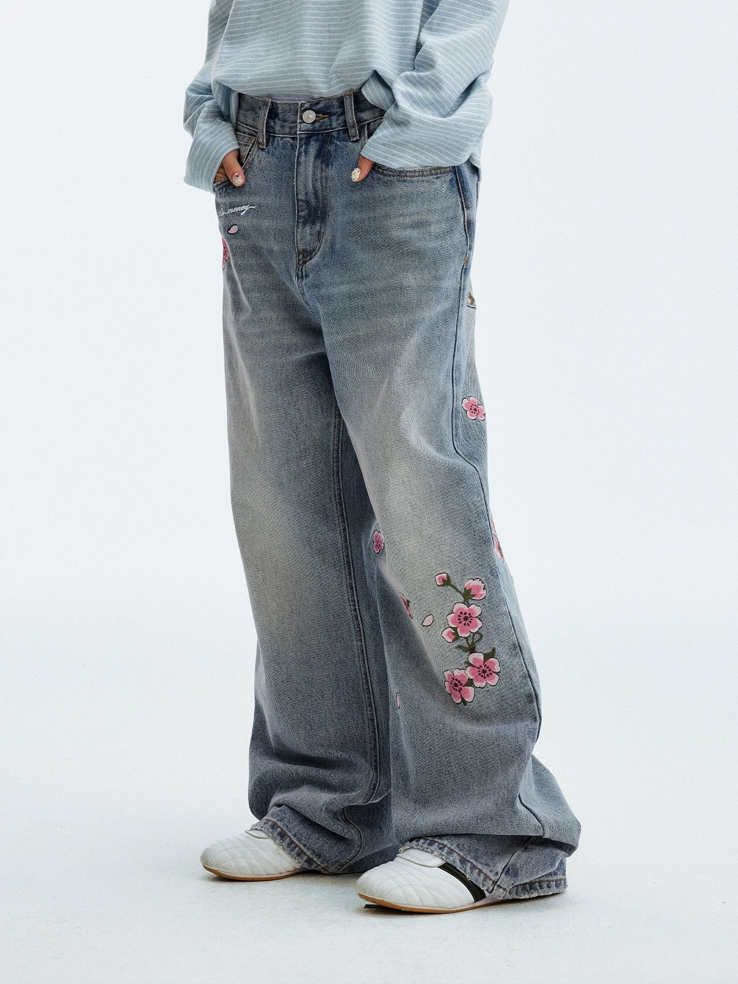 MEDM Sakura Pattern Embroidered Micro-elastic Casual Jeans