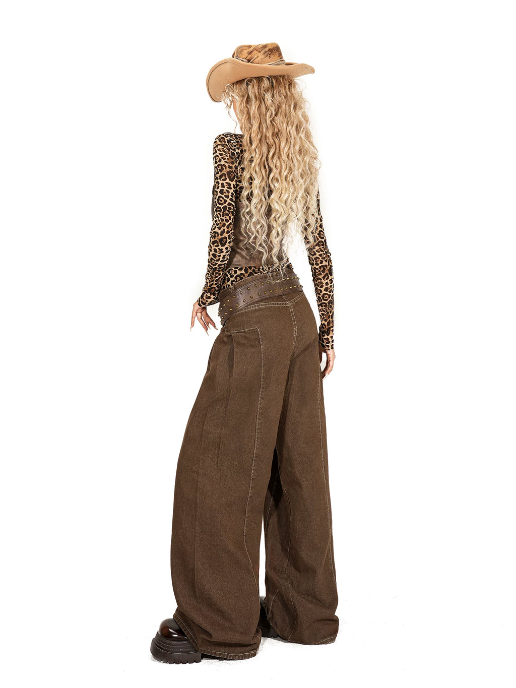 Arielink Leopard Print Mesh Tee Leather Vest Top