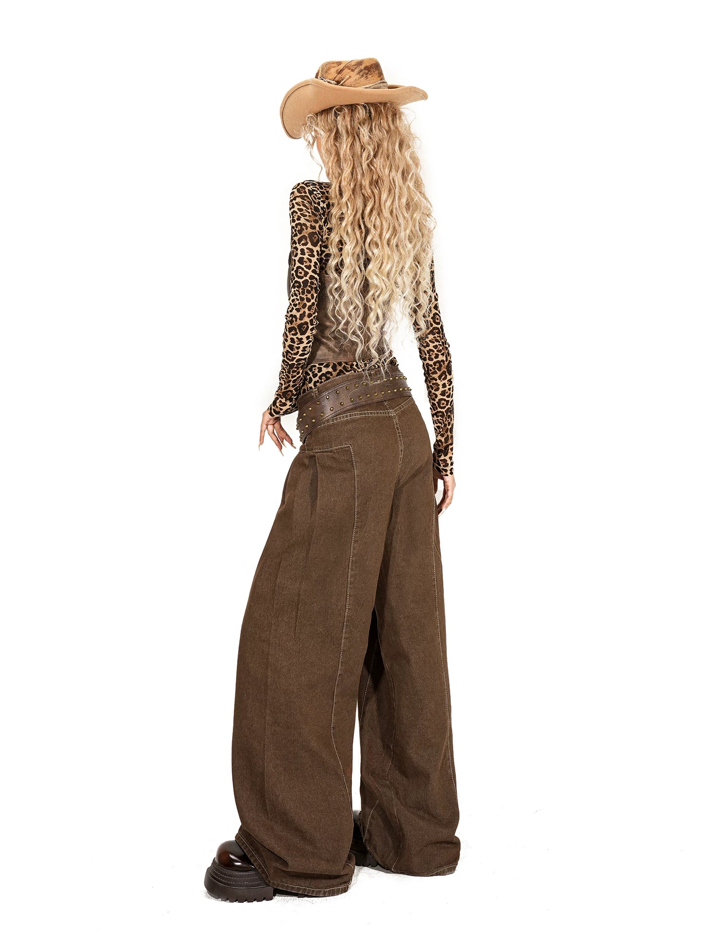 Arielink Leopard Print Mesh Tee Leather Vest Top