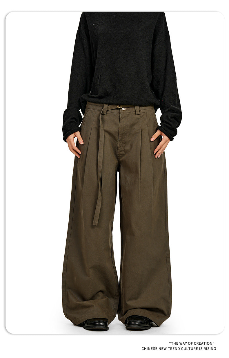 11KN American Retro Coffee Green Pleated Wide-Leg Pants