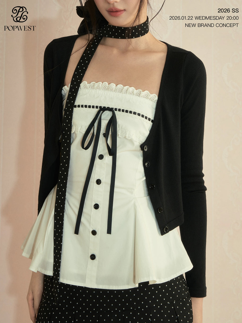 POPWEST Polka Dot Lace Bow 3-Piece Knit Cardigan Cami Skirt Set