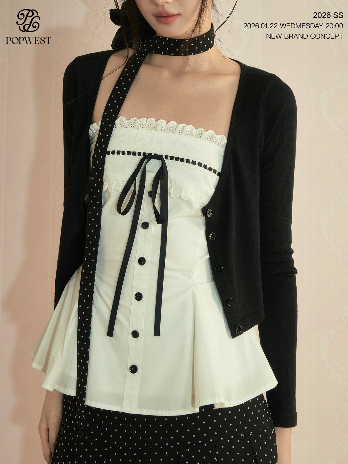 POPWEST Polka Dot Lace Bow 3-Piece Knit Cardigan Cami Skirt Set