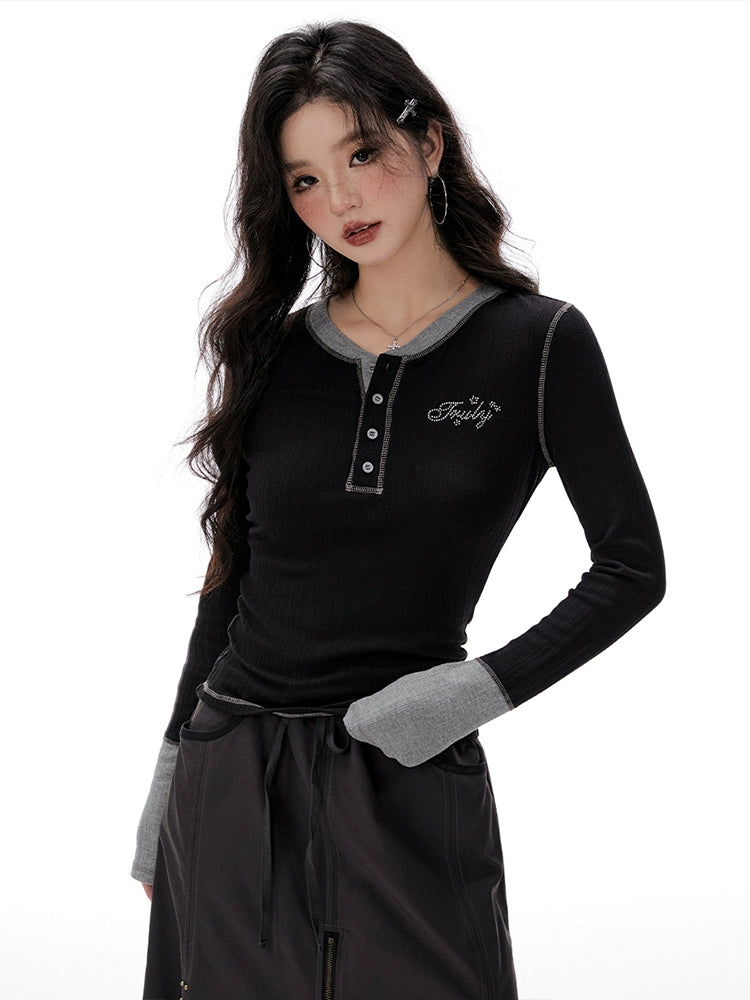 Imone Retro Letter Hot Diamond Contrasting Fake Two Long Sleeves