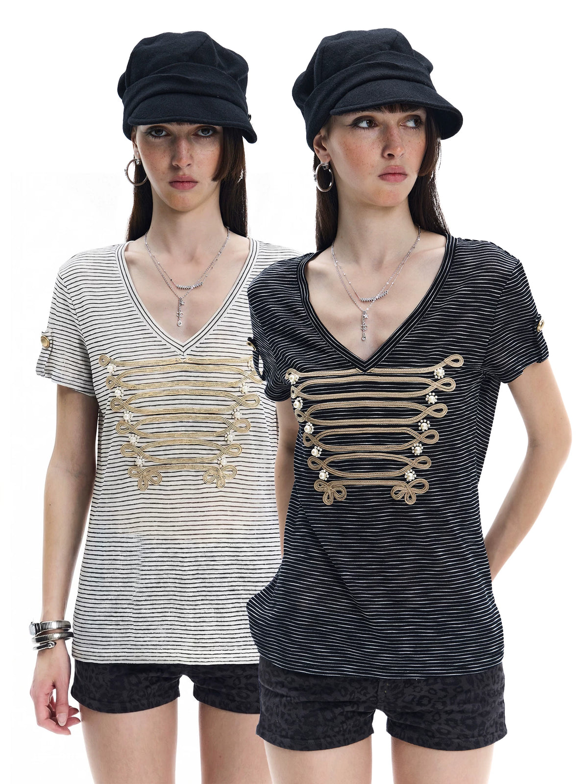 FayChui Palace Pearl Knotted Striped Breathable Tee