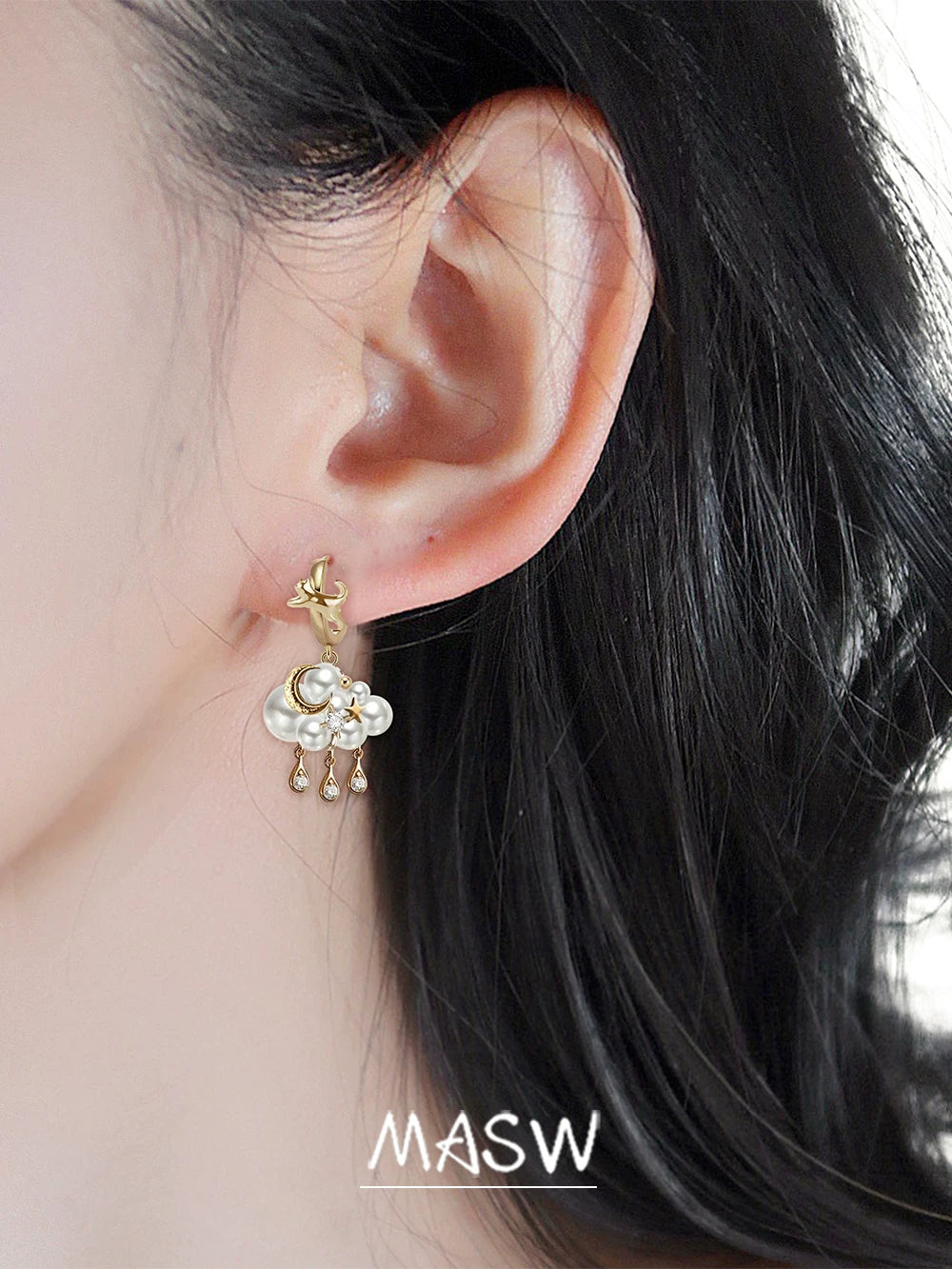 MASW Pearl Tassel Exquisite Star and Moon Cat Earrings