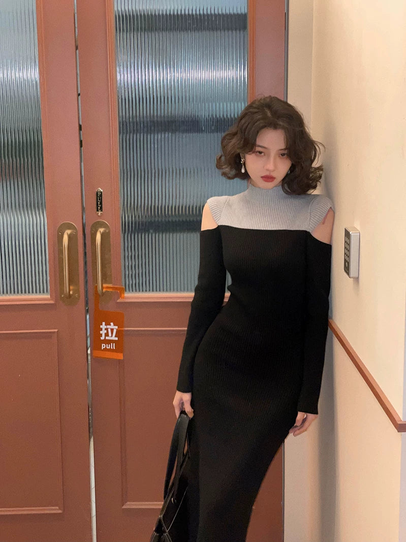 KELIFAN Semi-high-neck Waist Off-the-shoulder Knitted Dress