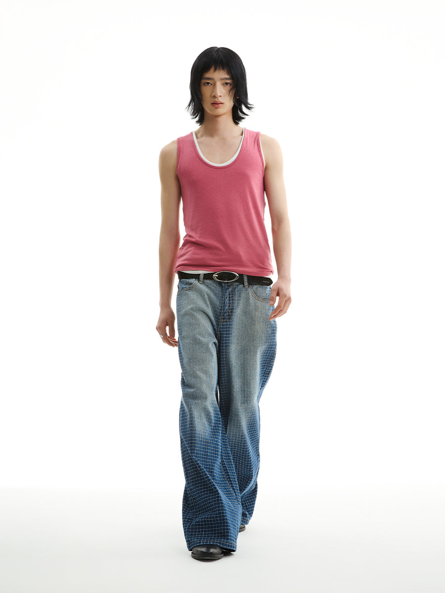 FUNKYFUN Embroidered Plaid Line Straight Jeans