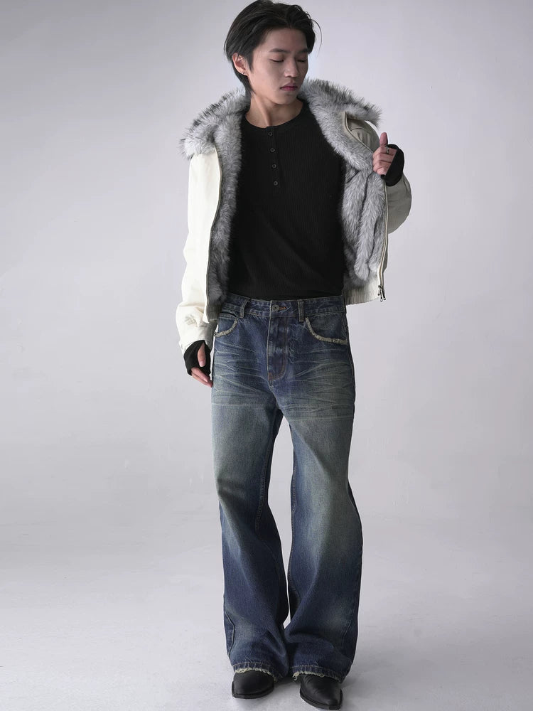 SOUTH FISH Washed Distressed Straight-Leg Jeans
