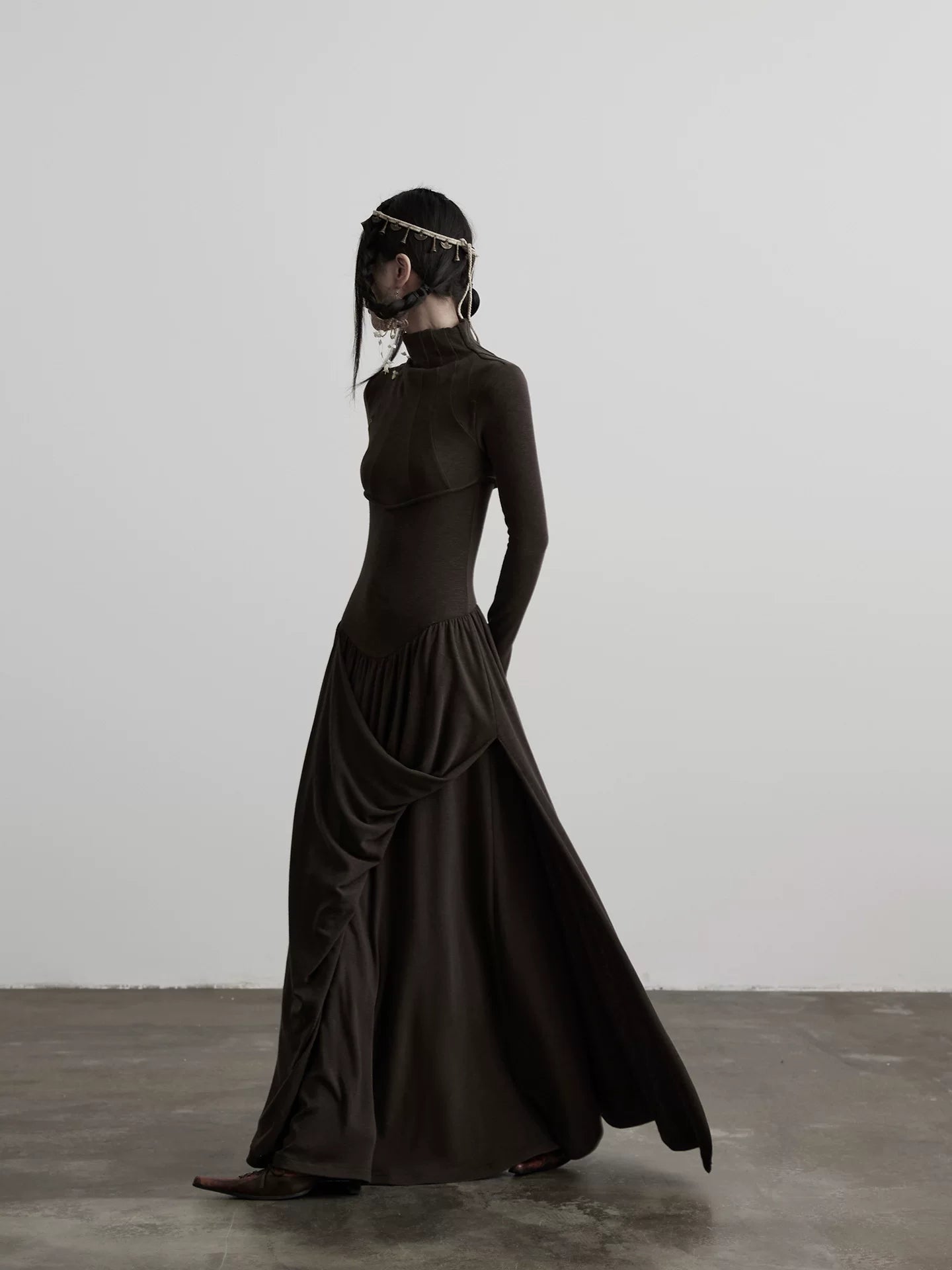 INDULGE Irregular Stand-up Neck Knitted Waist Dress