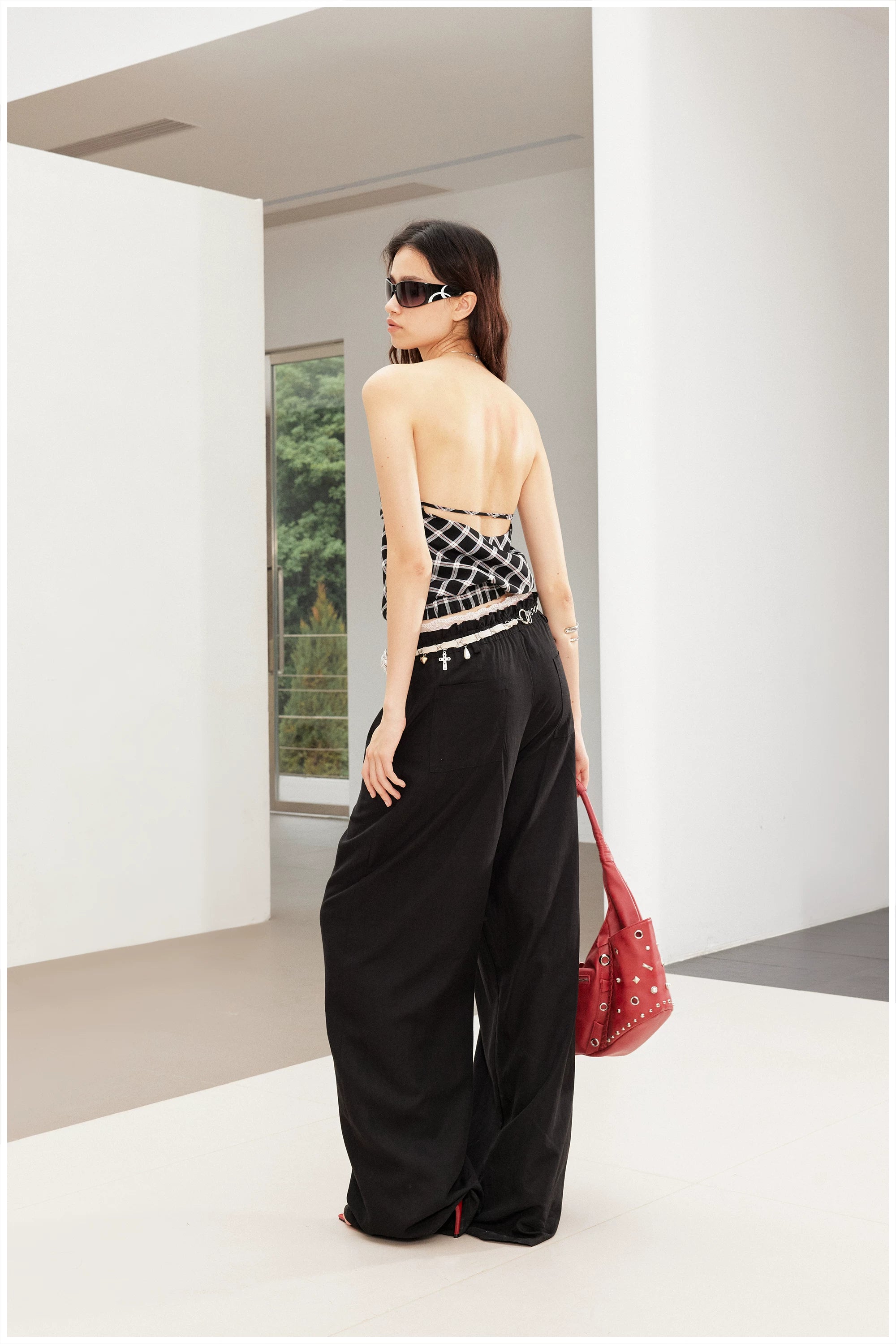 2th Desire Vintage Contrast Waist Lace Splicing Loose Straight Pants