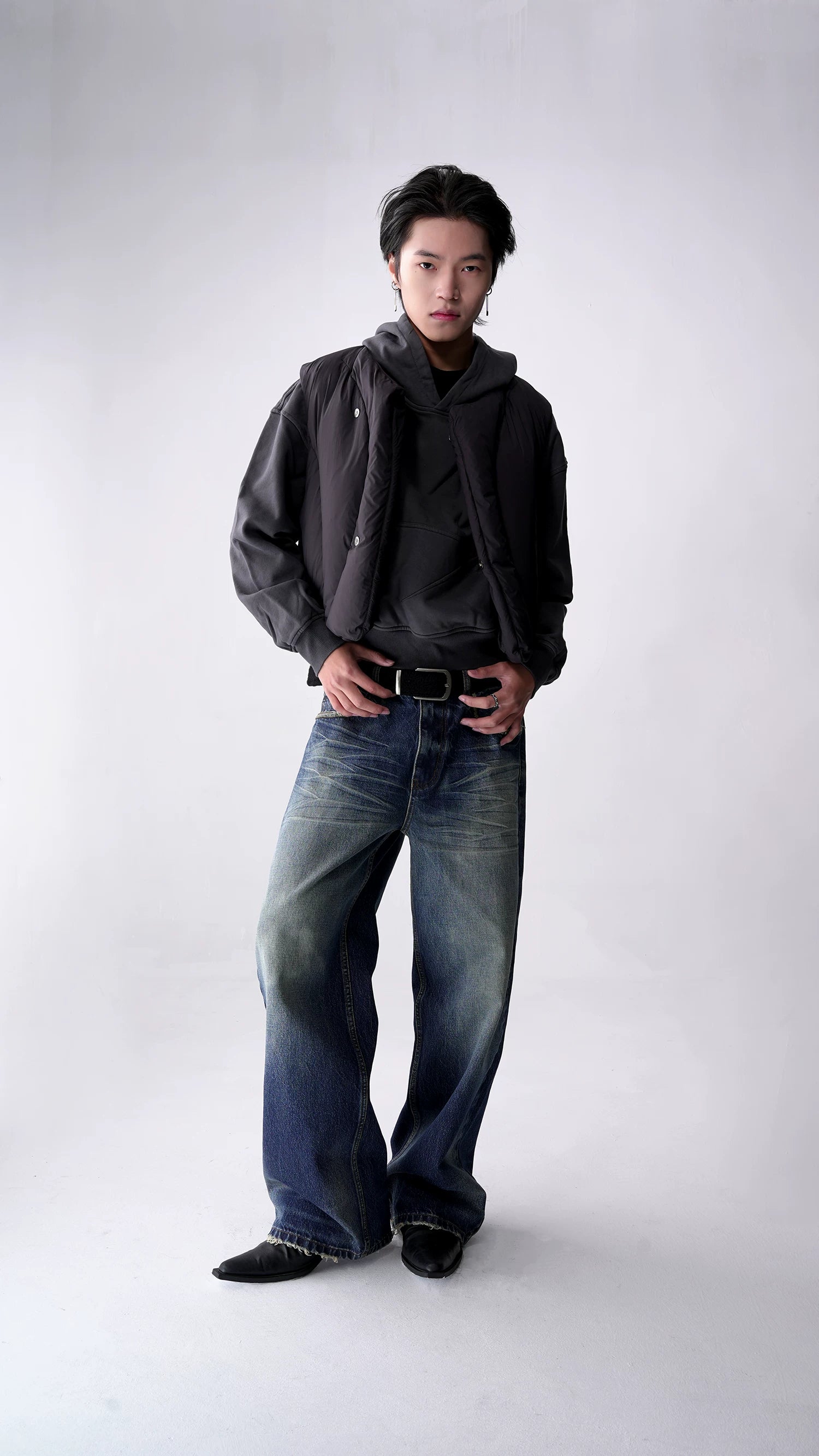 SOUTH FISH Washed Distressed Straight-Leg Jeans