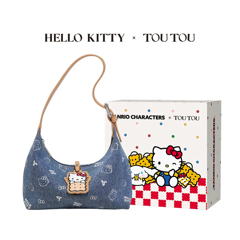 TOUTOU Denim Cartoon Print Zip-Top Underarm Bag