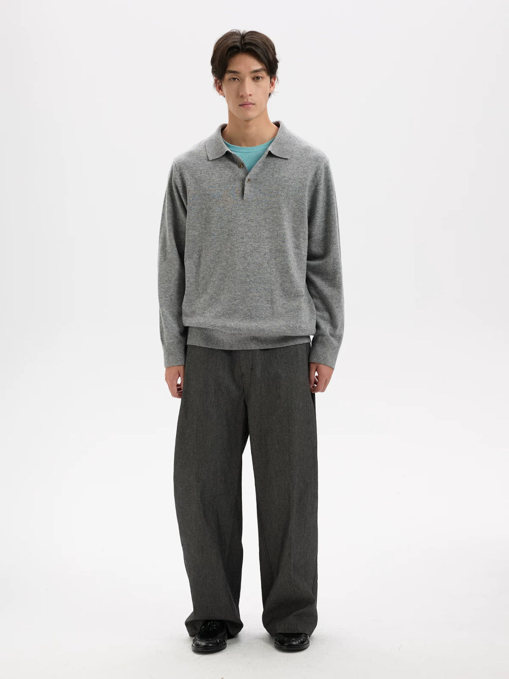 BUTTBILL Knit Wool-Blend Shell-Button Long-Sleeve Polo