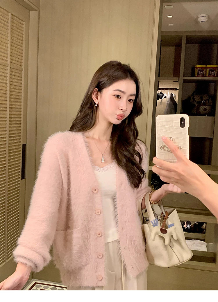 Pusumede  V-neck Loose Imitation Mink Cardigan