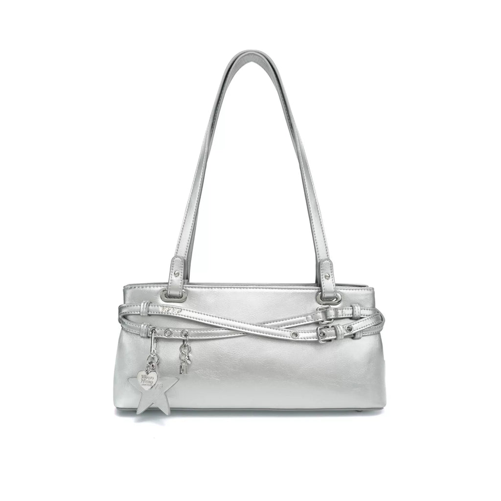 VFVF Silver Polka Dot Faux Leather Zip-Top Mini Square Shoulder Bag