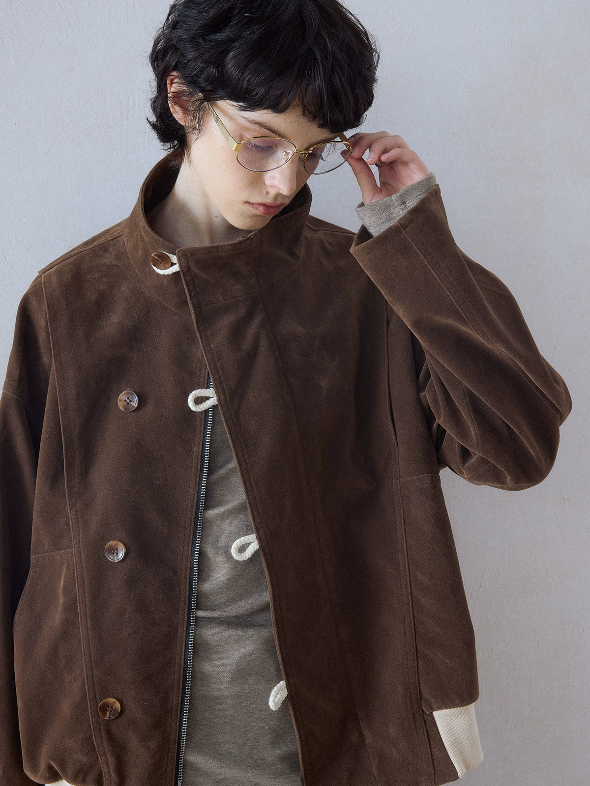 DIMC Suede Button Stand Collar Loose Jacket