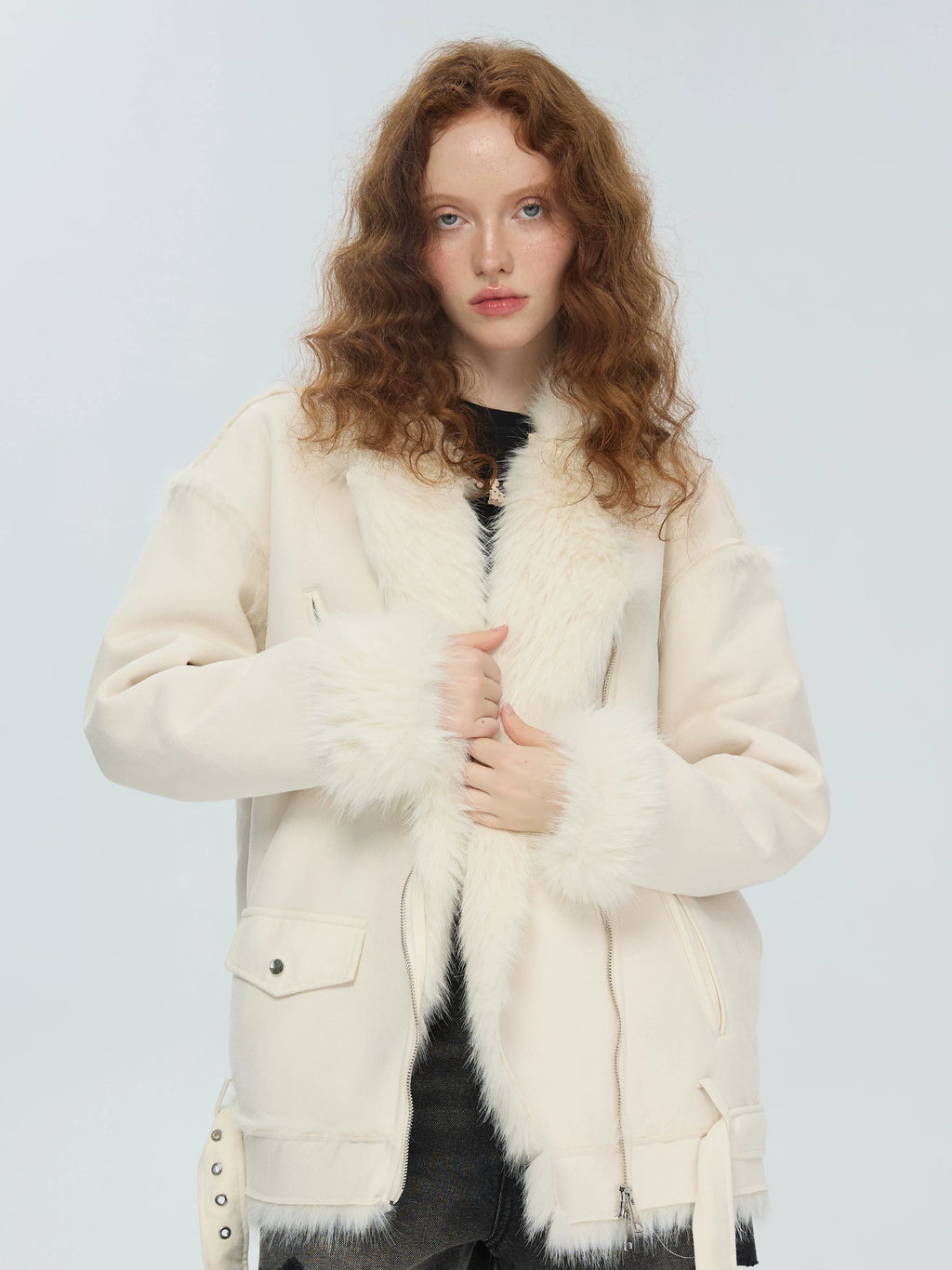 SUREENOUGH Vintage Fur All-in-one Loose Motorcycle Jacket