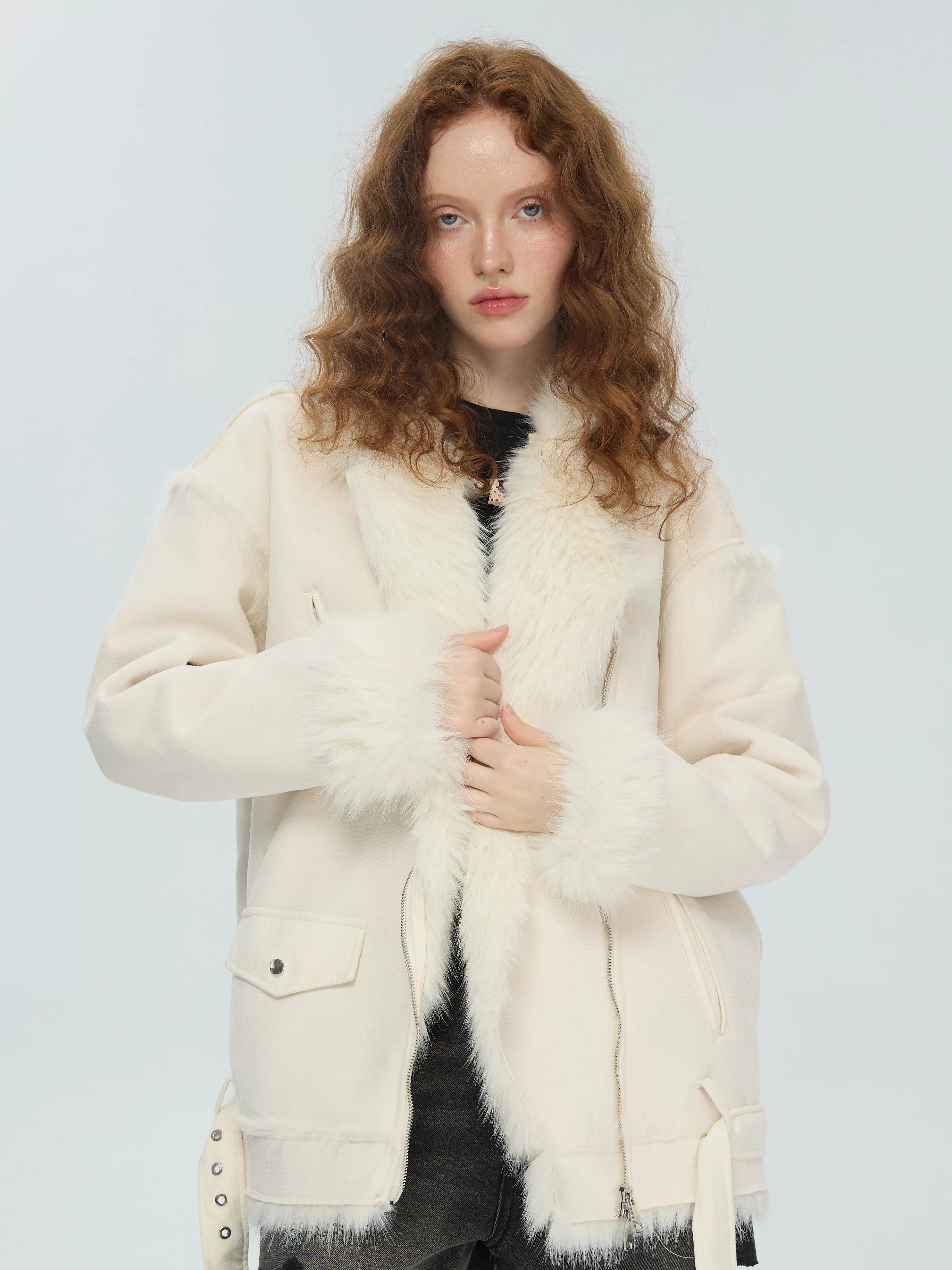 SUREENOUGH Vintage Fur All-in-one Loose Motorcycle Jacket