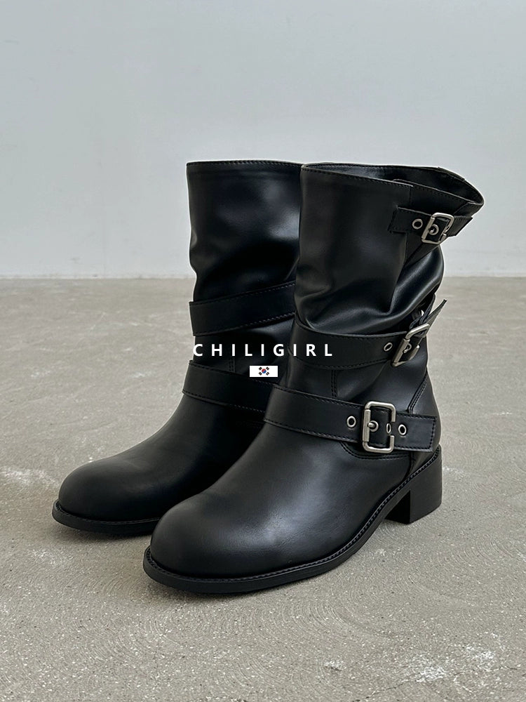CHILIGIRL Soft Leather Belt Buckle Versatile Coarse Heel Sleeve Boots