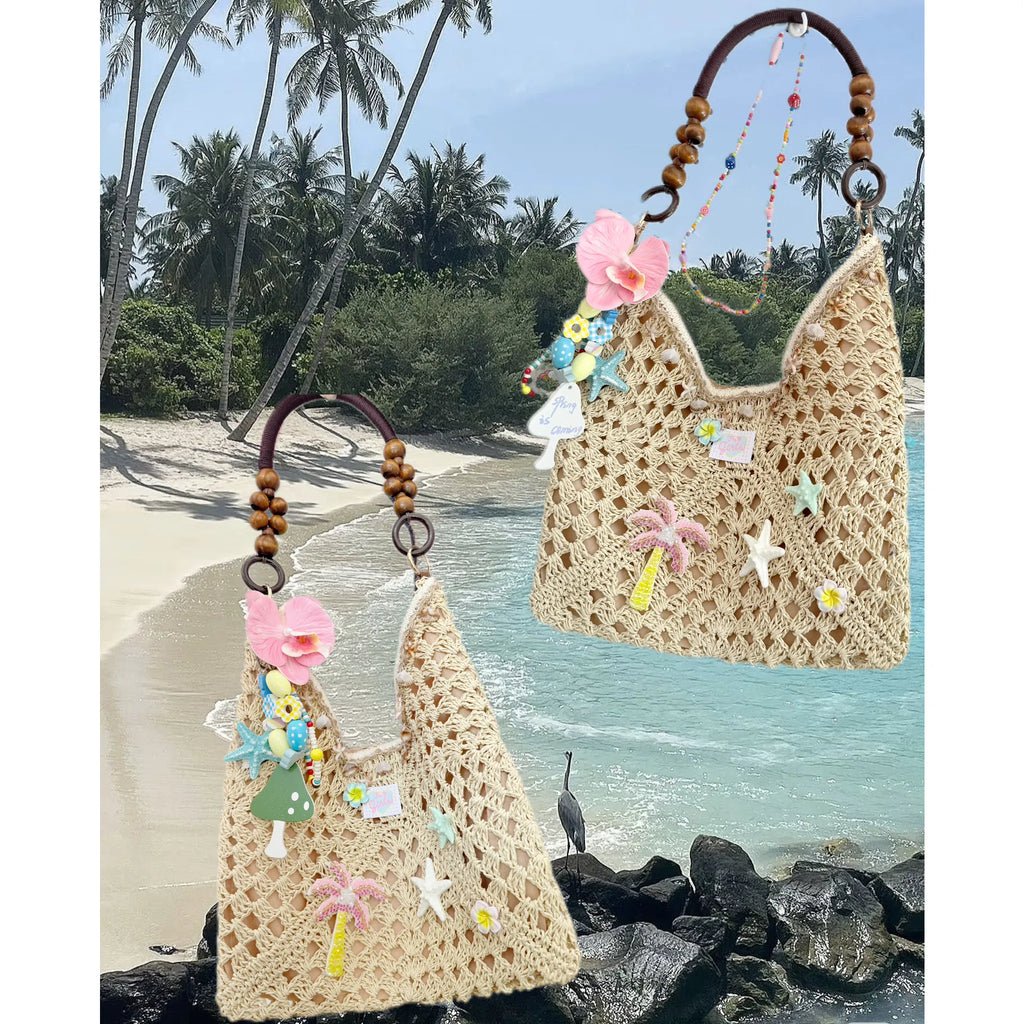 Hottie Beige Woven Straw Magnetic Snap Shoulder Bag