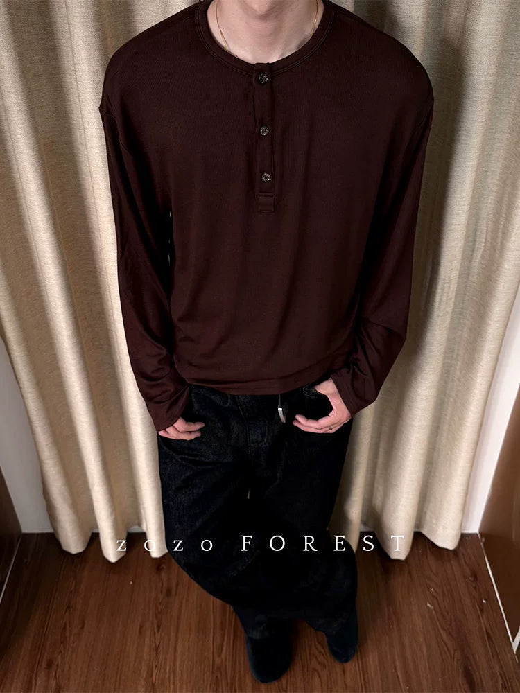 ZOZO FOREST Relaxed Button Soft Lightweight Henry Neck Long Sleeve Sweatshirt