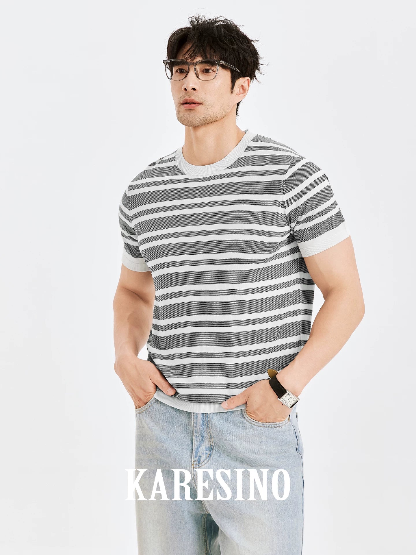 KARESINO Mulberry Silk Contrast Stripe Knit Casual Crew Neck T-Shirt