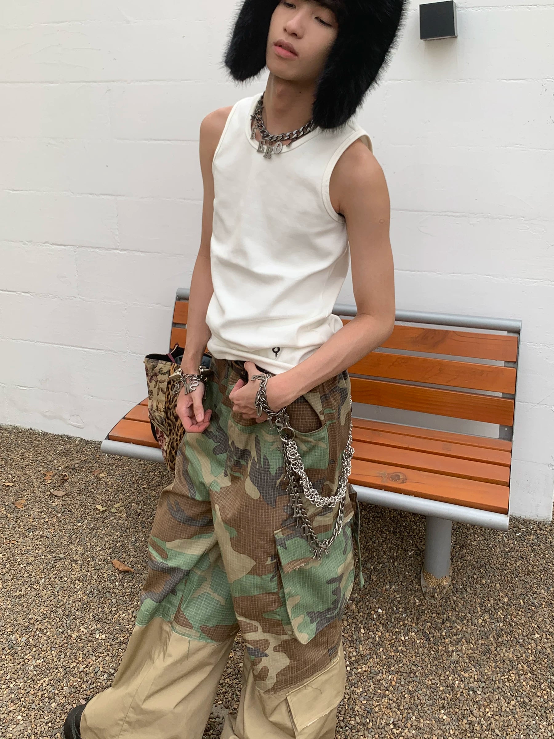 POH Fake Two-layer Frayed Stitching Camouflage Straight Wide-leg Pants