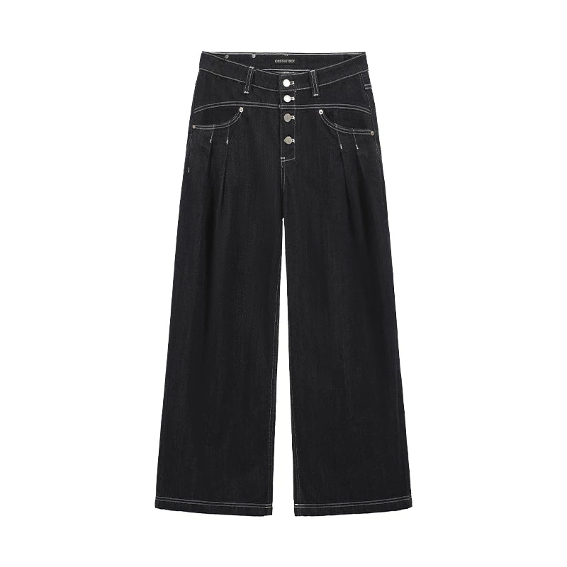 COSTUSTOOT Raw Denim Pleated Wide-Leg Jeans