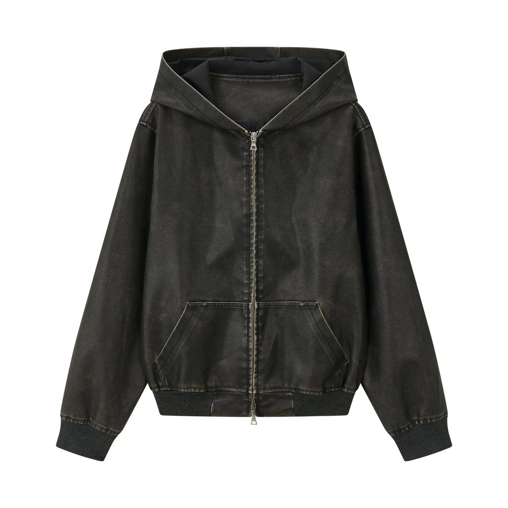 VLABMADE Cropped Distressed Hooded Faux Leather Jacket