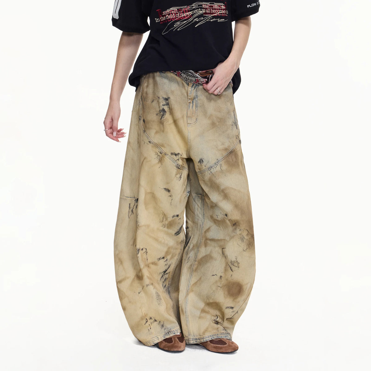 PEOPLESENSE Yellow Mud-Dyed 100% Cotton Wide-Leg Jeans