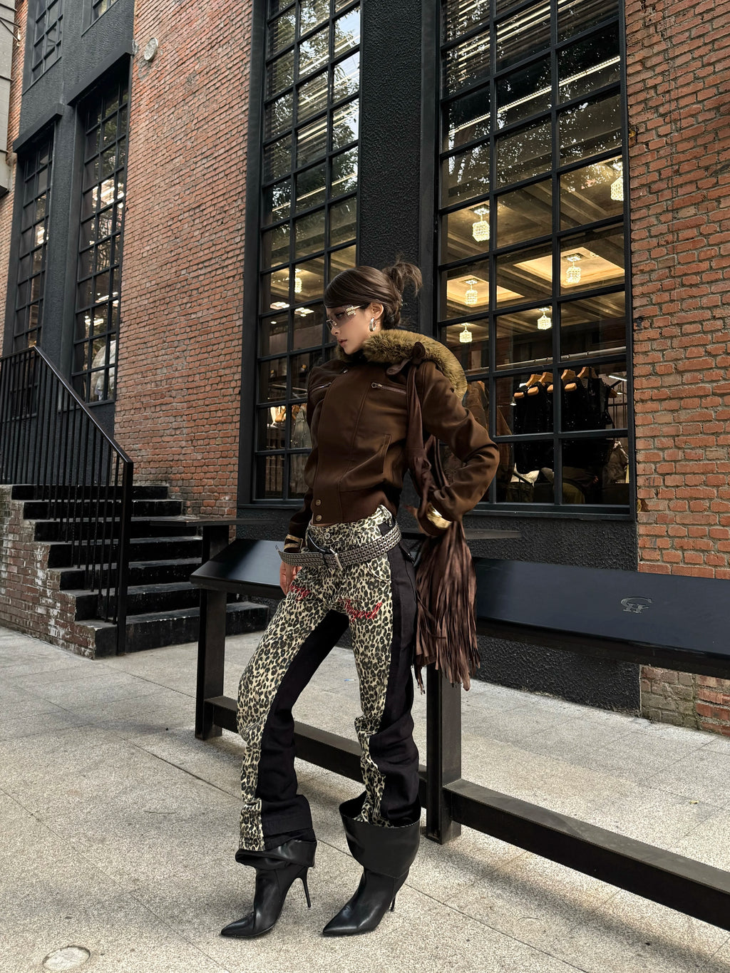 DETW Retro Double Leopard Print Micro-stack Visual Jeans