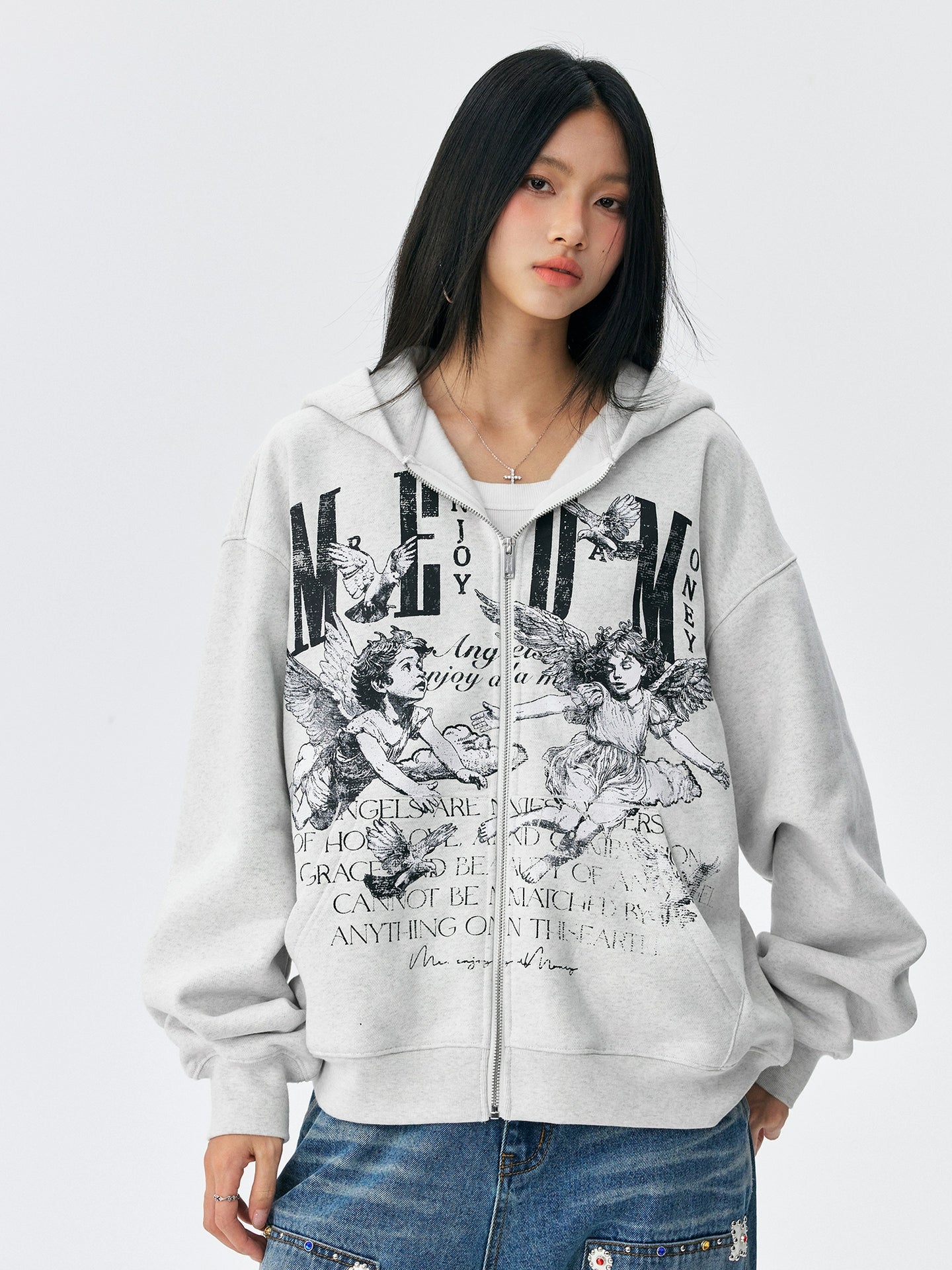 MEDM Angel Patch Casual Hooded Cardigan Sweater